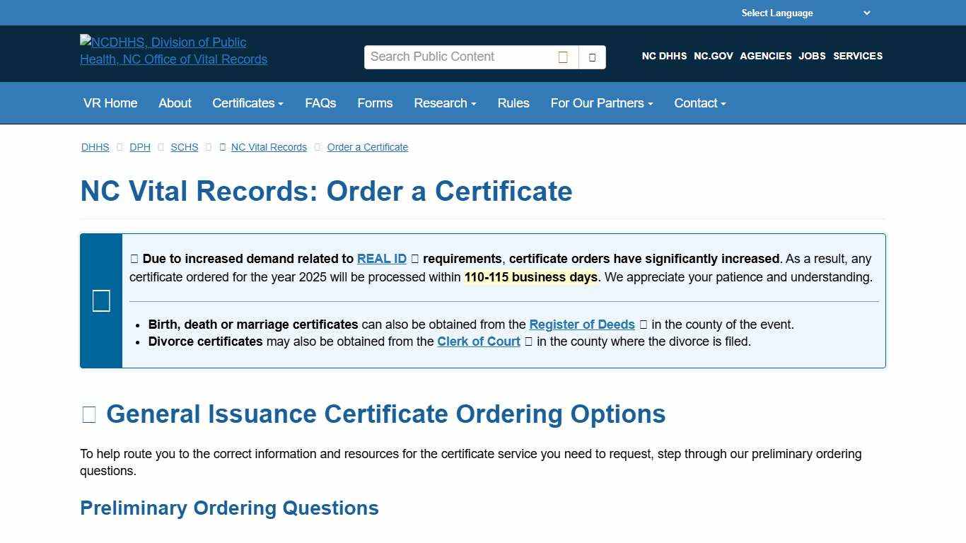 NCDHHS: DPH: NC Vital Records: Order a Certificate
